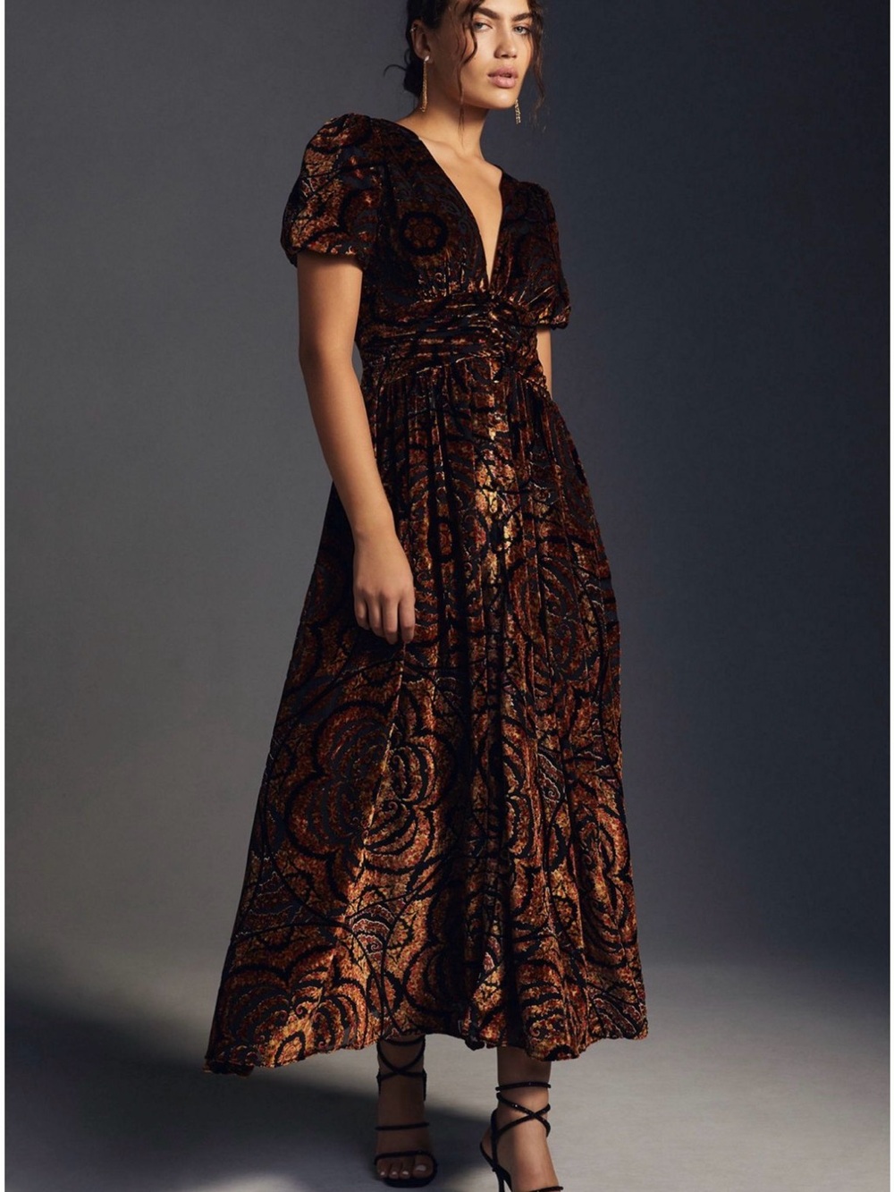 Anthropologie Metallic Copper and Black Floral Velvet Maxi Dress